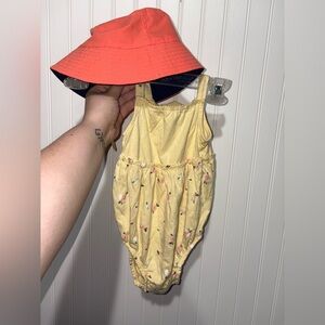 Yellow Floral Baby Romper with NWT Coral Hat
